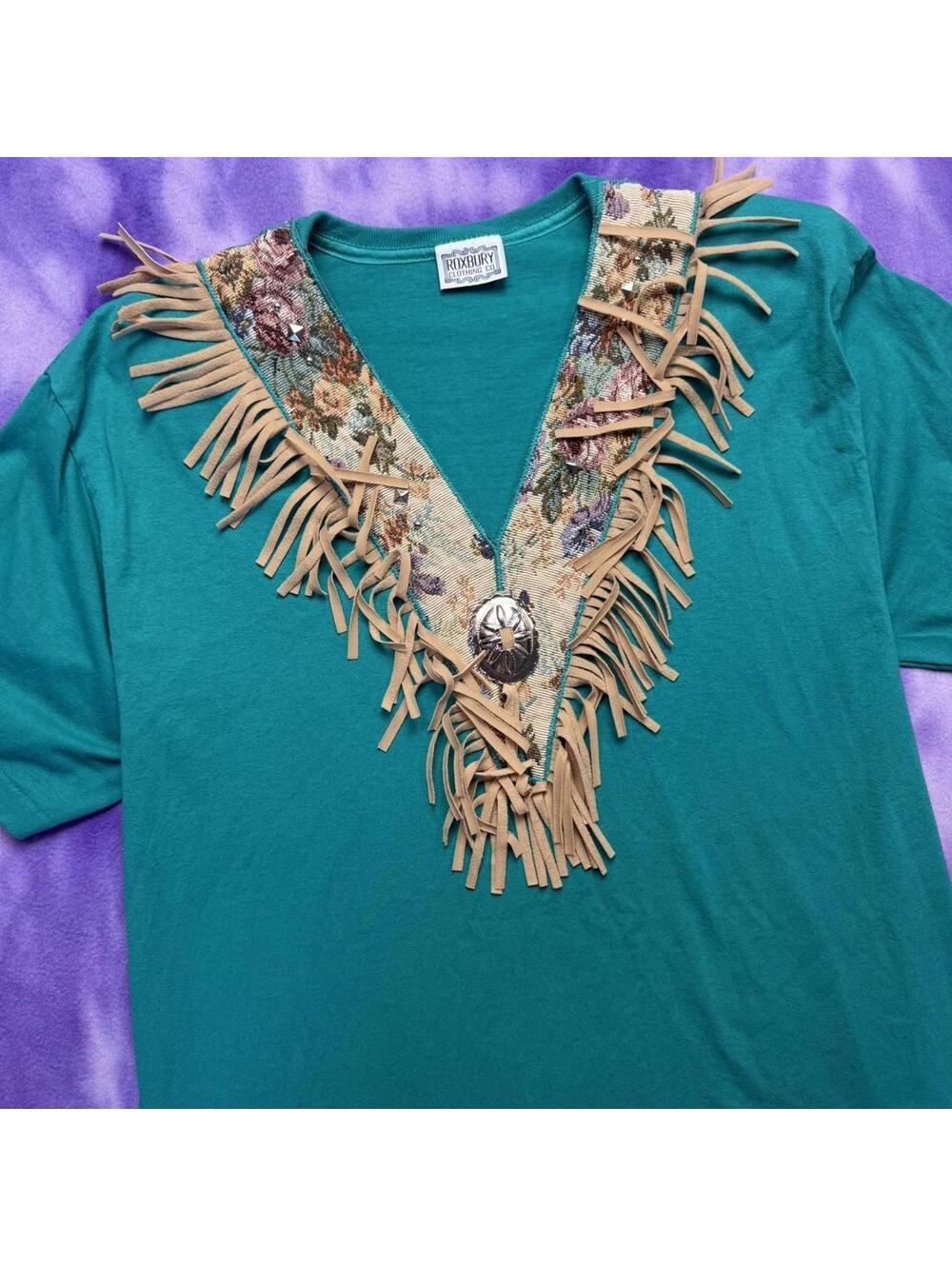 Roxbury Vintage 80s western custom fringe tapestry teal tshirt